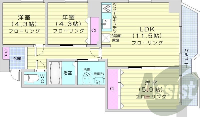 3LDK、都市ガス、シャワートイレ、システムキッチン