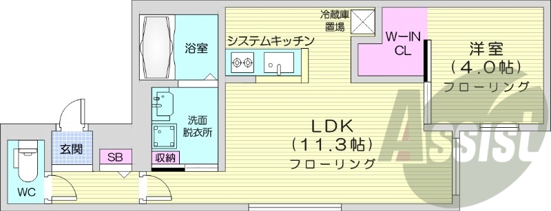 1LDK、エアコン、システムキッチン、浴室乾燥機