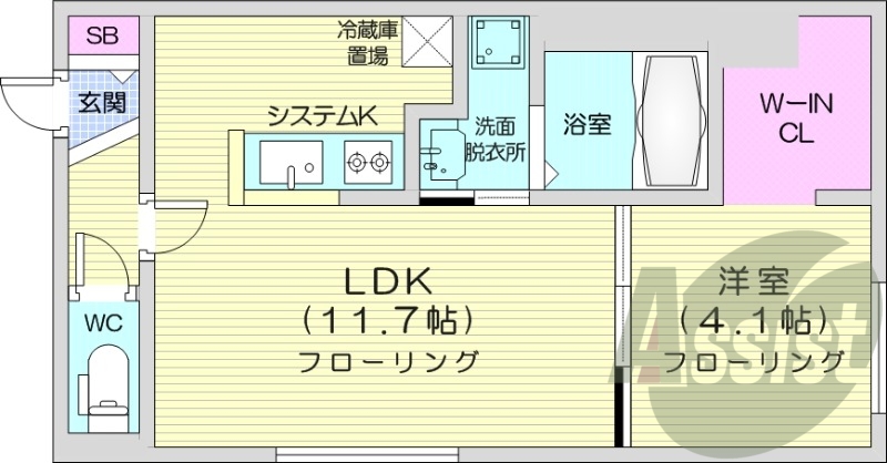 1LDK、エアコン、システムキッチン、浴室乾燥機