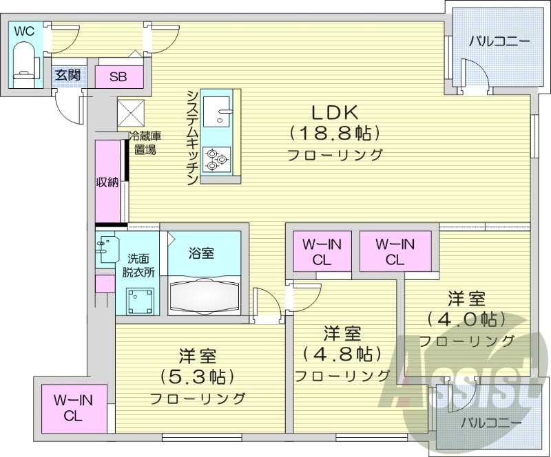 3LDK、エアコン、システムキッチン、浴室乾燥機