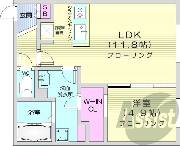 1LDK、エアコン、都市ガス、システムキッチン