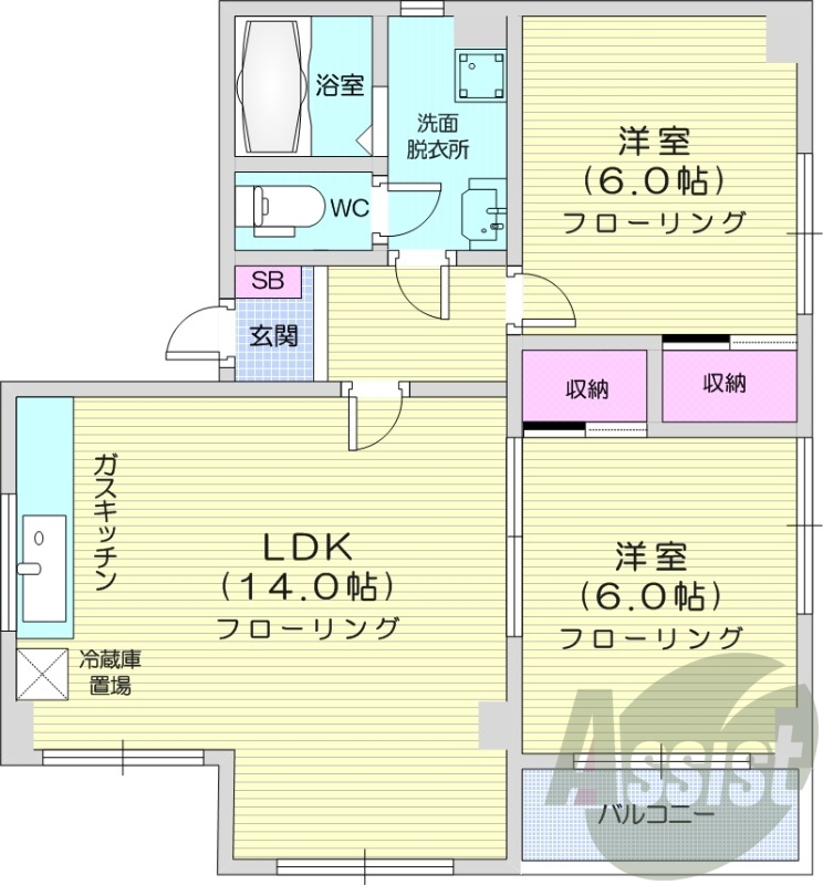 2LDK、エアコン、都市ガス暖房、シャンプードレッサー