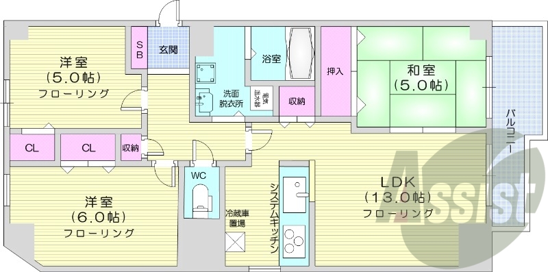 3LDK、システムキッチン、トランクルーム、洗髪洗面化粧台