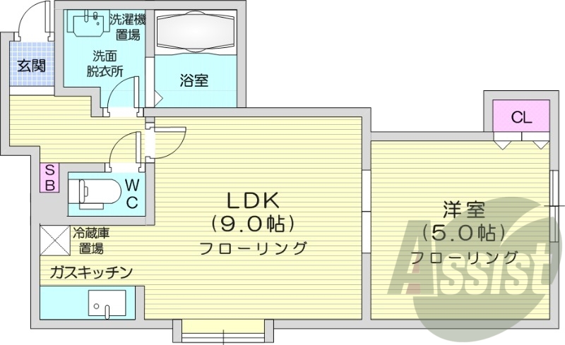 1LDK、独立洗面台、トランクルーム、モニタ付きインターホン