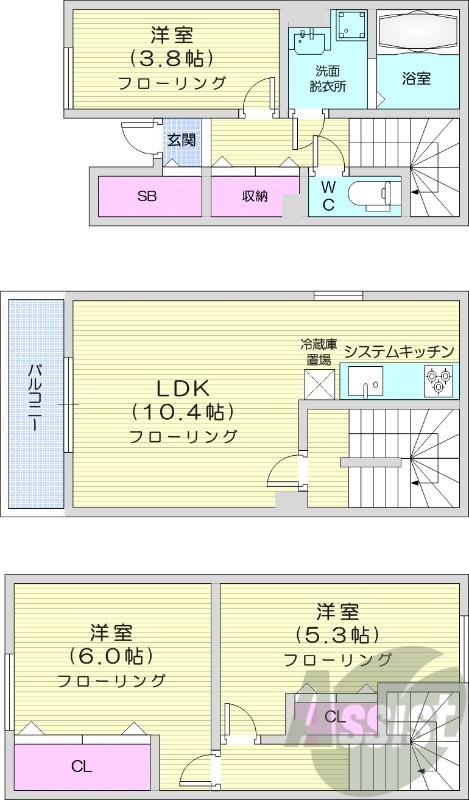 3LDK、メゾネット、エアコン、システムキッチン