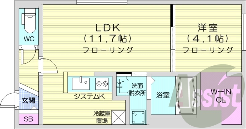 1LDK、エアコン、システムキッチン、浴室乾燥機