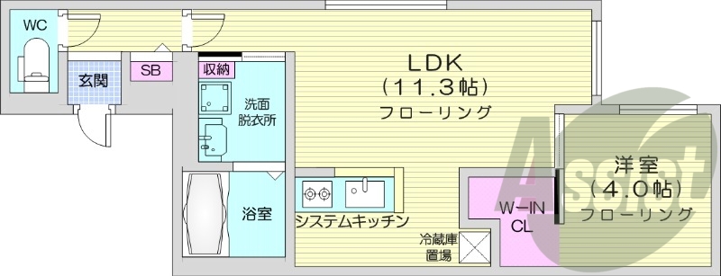 1LDK、エアコン、システムキッチン、浴室乾燥機