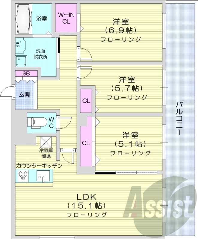 3LDK、エアコン、追い焚き、システムキッチン