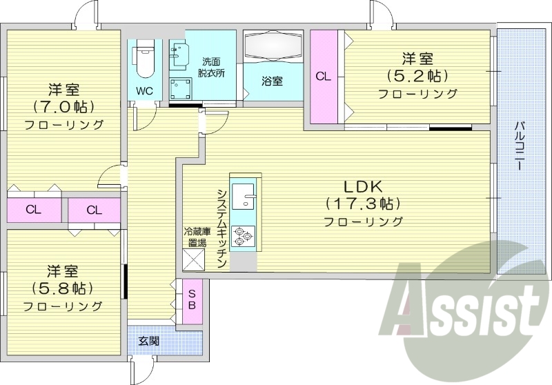 3LDK、エアコン、追い焚き、システムキッチン