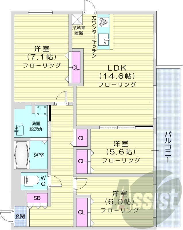 3LDK、エアコン、追い焚き、システムキッチン