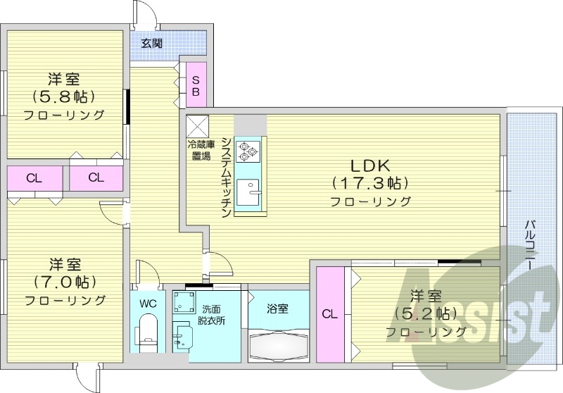 3LDK、エアコン、追い焚き、システムキッチン