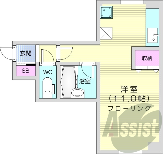 1R、バストイレ別、ガスFF暖房、室内洗濯機置場
