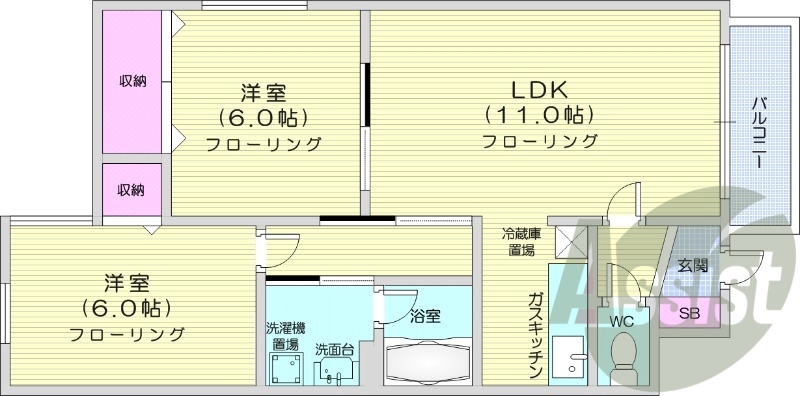 2LDK、灯油ボイラー、灯油暖房、独立洗面台、バス・トイレ別