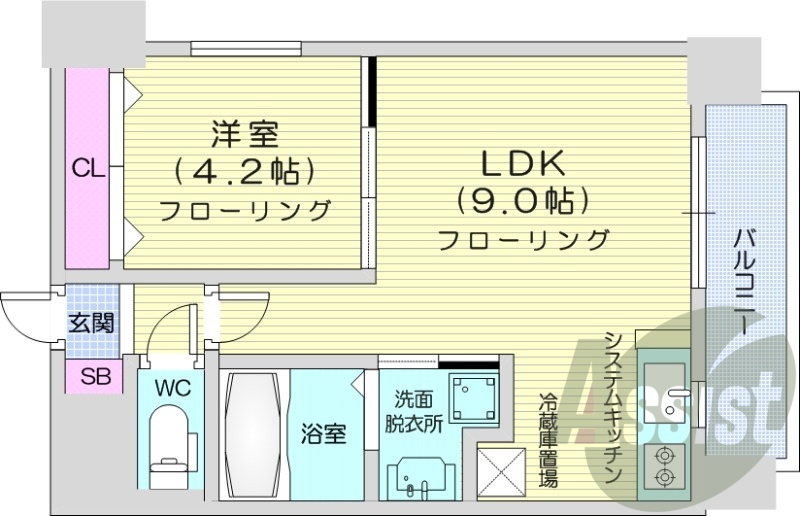 1LDK、都市ガス、エアコン、システムキッチン、ネット無料