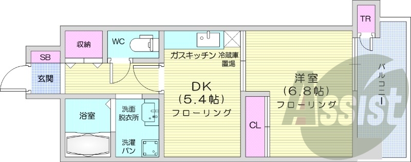1DK、クローゼット、シャンプードレッサー、バルコニー