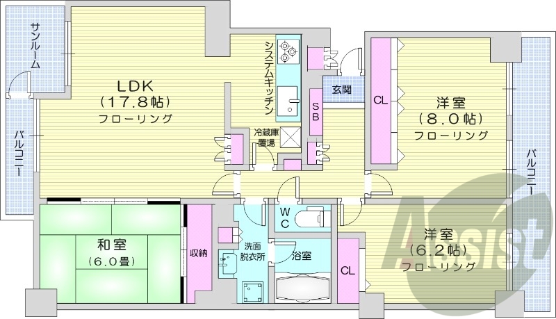 3LDK、都市ガス、オートロック、システムキッチン