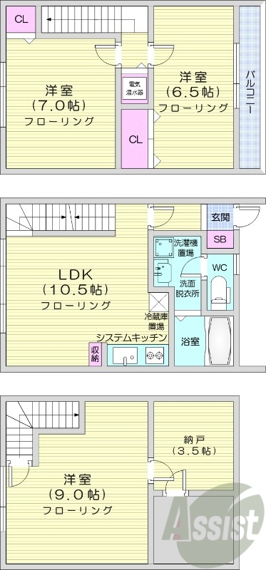 3LDK、独立洗面台、ケーブルTV、バストイレ別