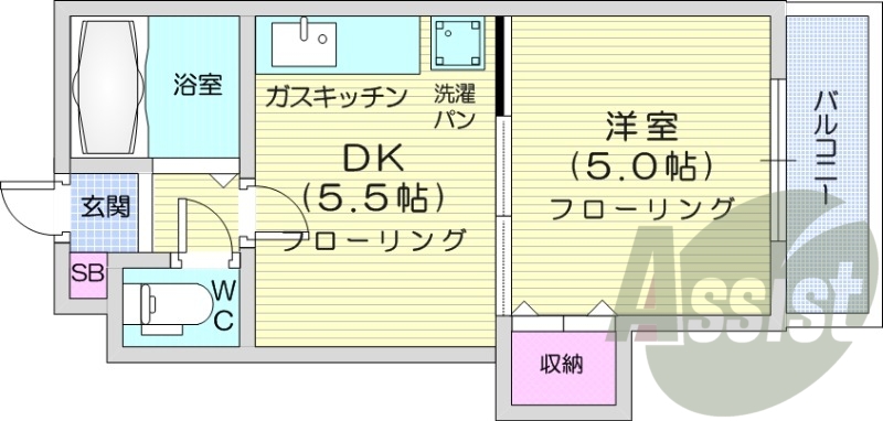 1R、エアコン、バストイレ別、ネット無料