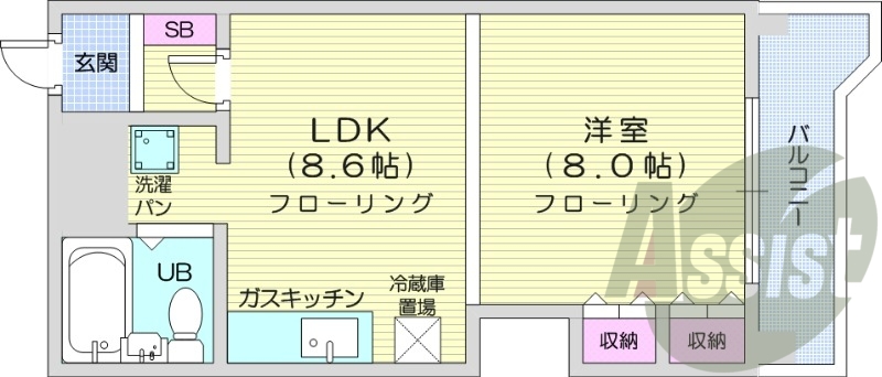 1LDK、収納、洗濯機置場、都市ガス、ガス暖房