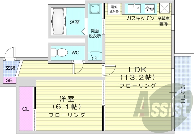1LDK、クローゼット、洗面所独立、オール電化物件