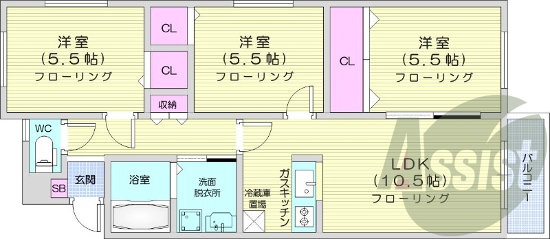 3LDK、角部屋、バルコニー、バストイレ別