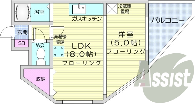 1LDK、バストイレ別、オートロック、灯油FF暖房