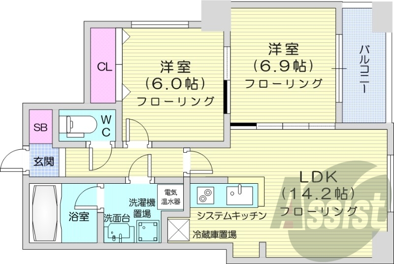 2LDK、クローゼット、バルコニー、エアコン、オール電化