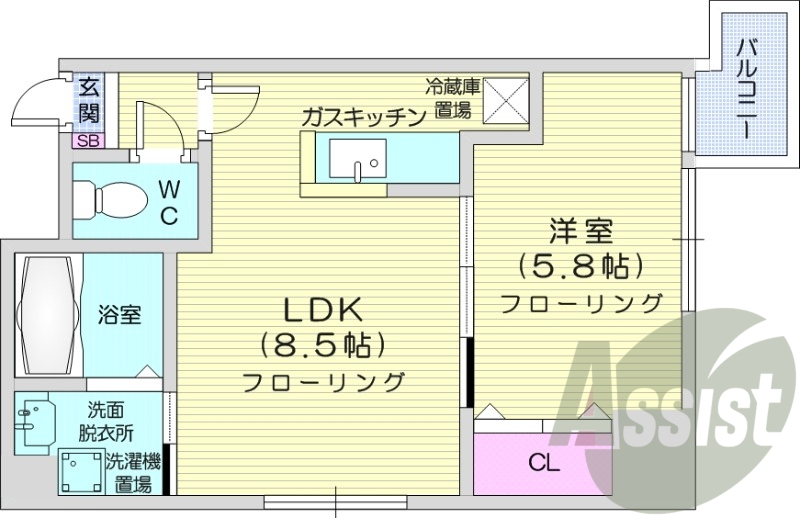1LDK、クローゼット、バルコニー、対面キッチン