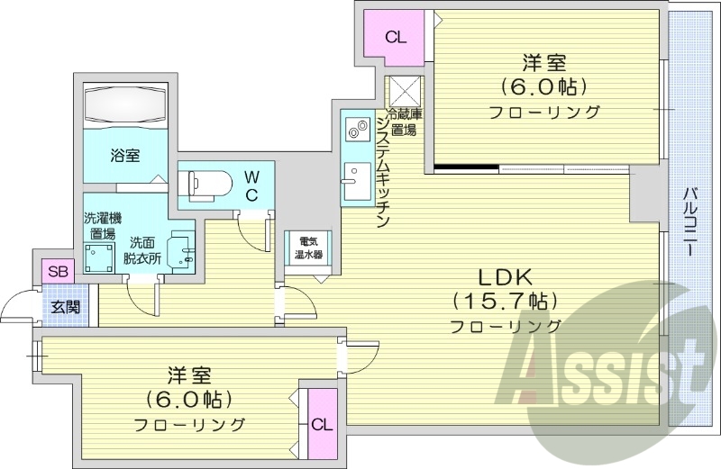 2LDK、IHクッキングヒーター、シャワートイレ、バルコニー