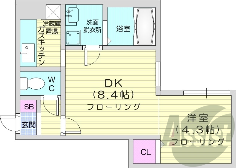1LDK、オートロック、灯油暖房、風呂トイレ別