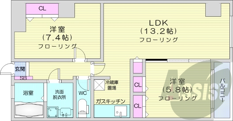 2LDK、オートロック、バストイレ別、灯油暖房