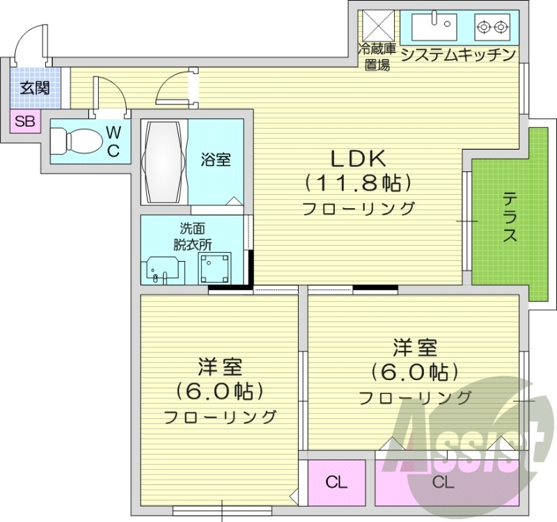 2LDK、独立洗面台、灯油暖房、システムキッチン