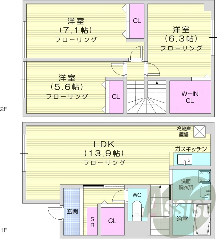 3LDK、エアコン、独立洗面台、浴室乾燥機、トランクルーム