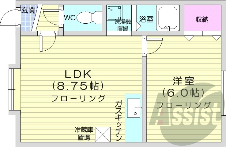 1DK、灯油暖房、バストイレ別、給湯ガス、収納