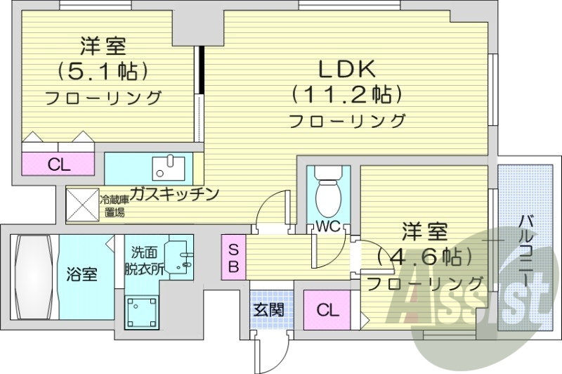 2LDK、独立洗面台、モニター付きインターホン、宅配BOX