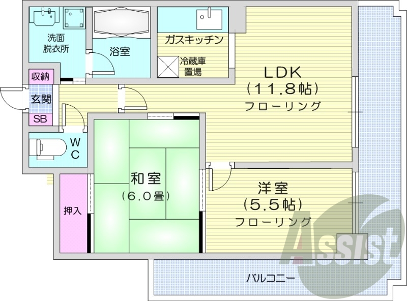 2LDK、エアコン、都市ガス、システムキッチン