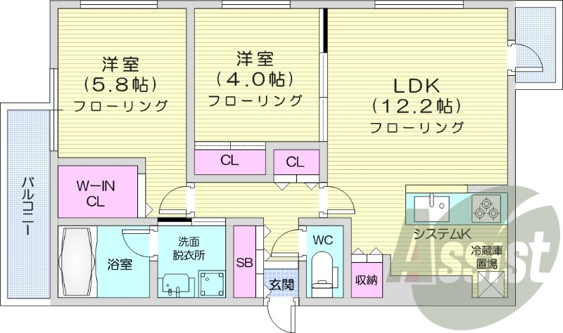 2LDK、都市ガス、エアコン、追い焚き、浴室乾燥機