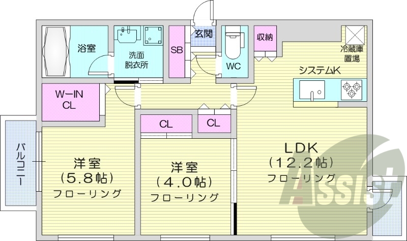 2LDK、都市ガス、エアコン、追い焚き、浴室乾燥機