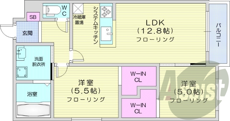 2LDK、都市ガス、エアコン、システムキッチン、浴室乾燥機
