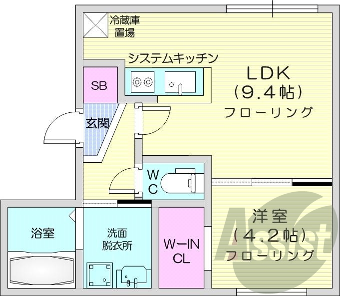 1LDK、都市ガス、エアコン、システムキッチン、浴室乾燥機