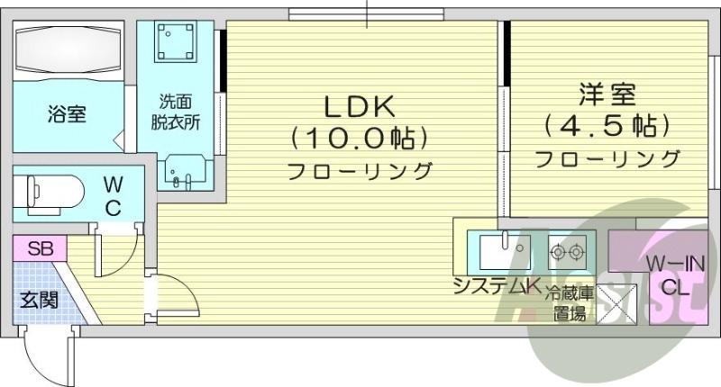 1LDK、都市ガス、エアコン、システムキッチン、浴室乾燥機