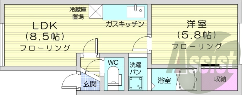 1LDK、灯油FF暖房、室内洗濯機置場、収納