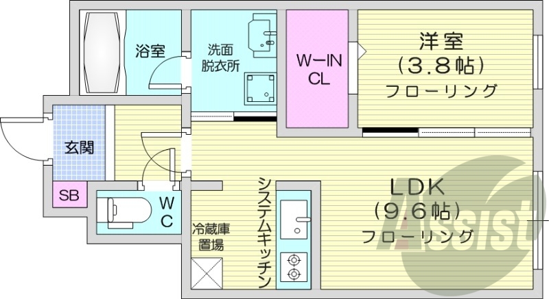 1LDK、都市ガス、エアコン、システムキッチン