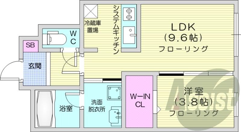 1LDK、都市ガス、エアコン、システムキッチン
