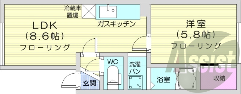1LDK、灯油FF暖房、室内洗濯機置場、収納
