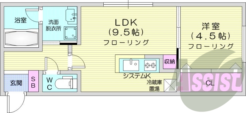 1LDK、都市ガス、エアコン、システムキッチン