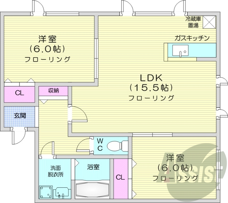 2LDK、エアコン、灯油暖房、モニターホン、独立洗面台