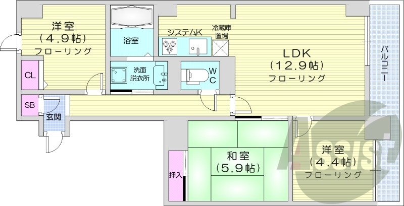 3LDK、オートロック、システムキッチン、追い焚き