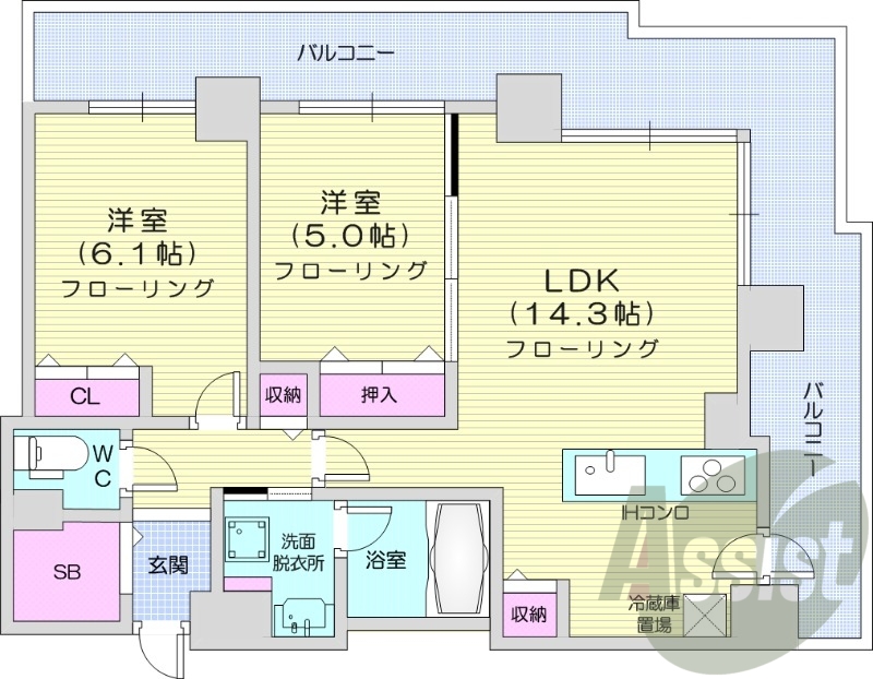 2LDK、都市ガス、追炊き、ディスポーザー、床暖房