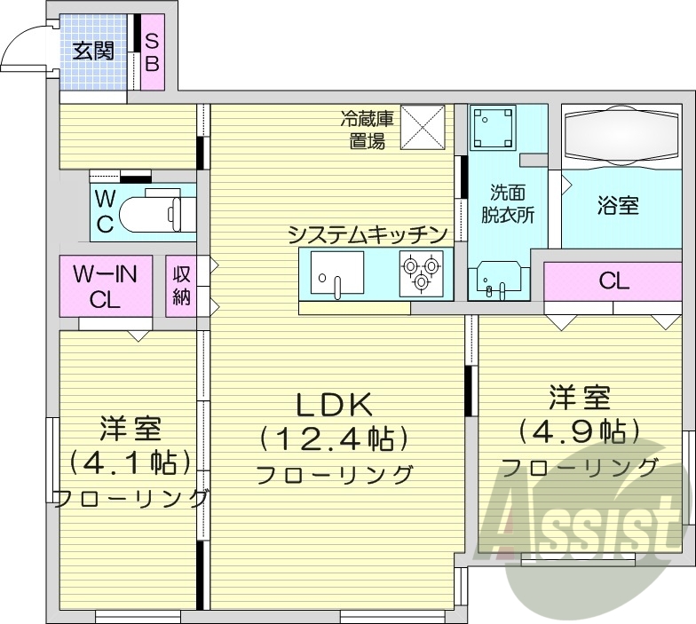 2LDK、エアコン、都市ガス、システムキッチン